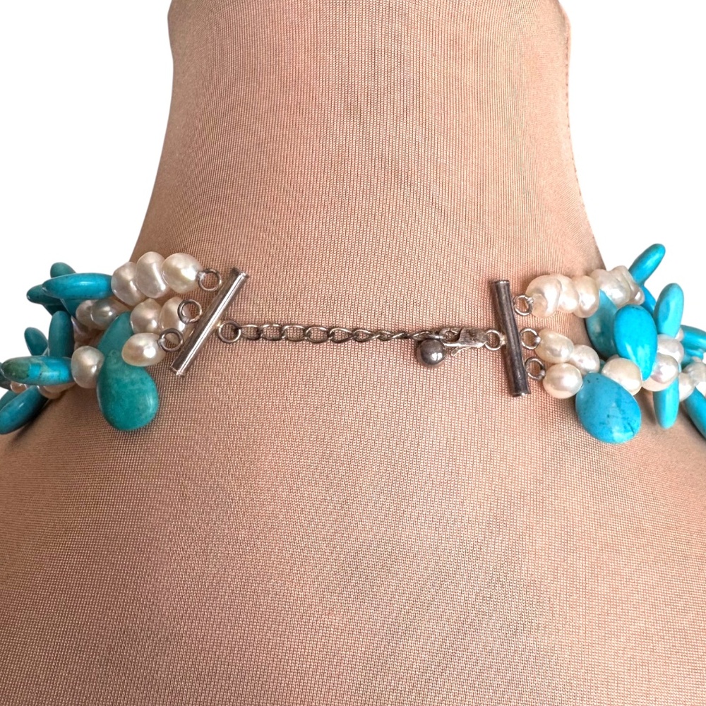 Freshwater Pearl & Turquoise Bead Multi Strand Necklace 19" - Picture 3 of 6